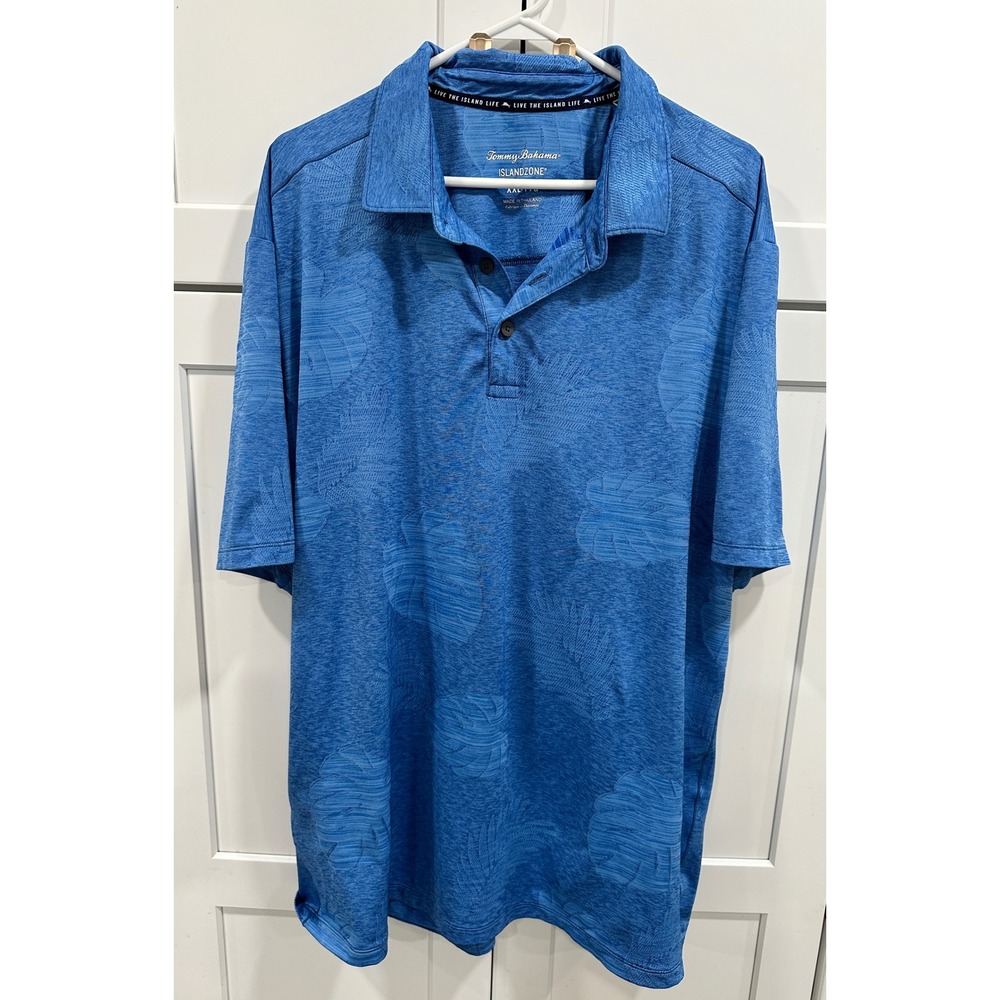 Tommy Bahama IslandZone Polo Shirt Mens XXL Blue Tropical Monstera Leaf Jacquard